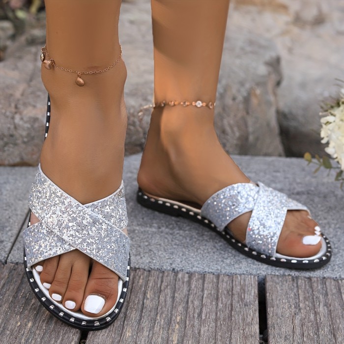 Women's Glitter Design Slide Sandals, Casual Open Toe Flat Summer Shoes, Lightweight Slide Sandals
