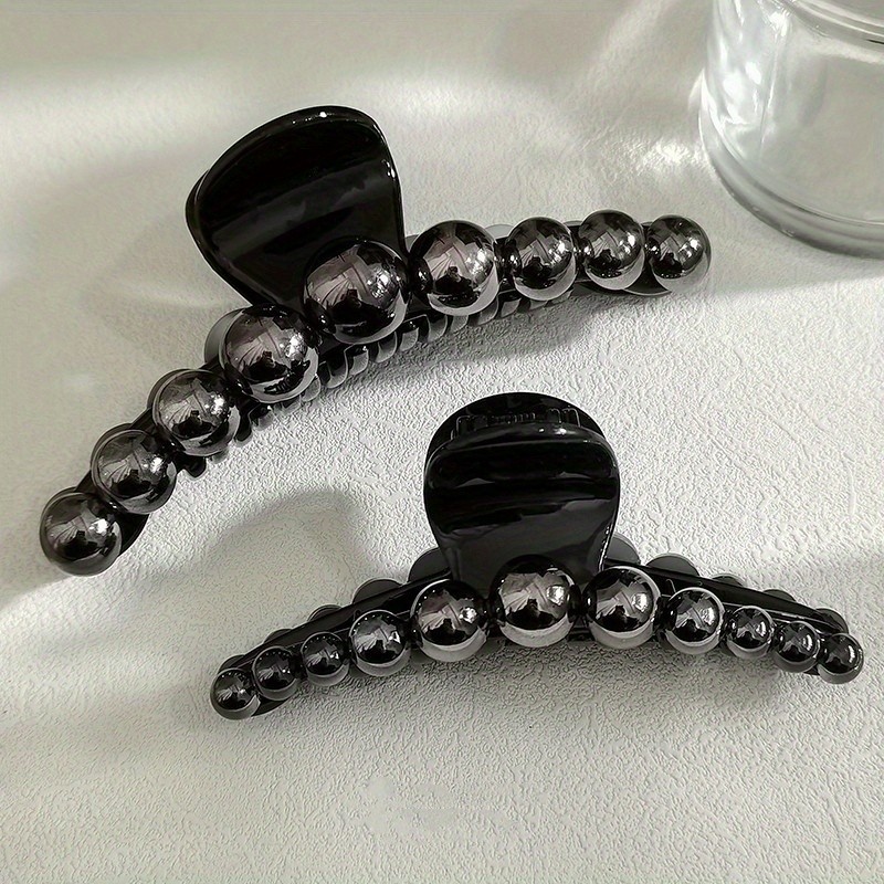 2pcs Black Faux Pearl Hair Claw Simple Style Shark Claw For Ponytail Holder Women Girls Elegant Hair Clip