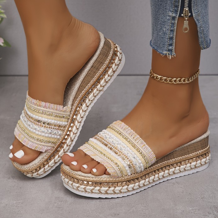 Women's Solid Color Stylish Sandals, Ethnic Braided Bands Platform Slip On Shoes, Summer Casual Beach Shoes