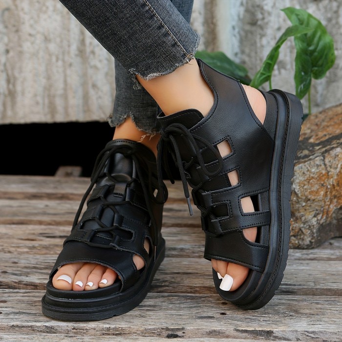 Women's Flat Platform Sandals, Casual Open Toe Summer Shoes, Comfortable Lace Up Sandals
