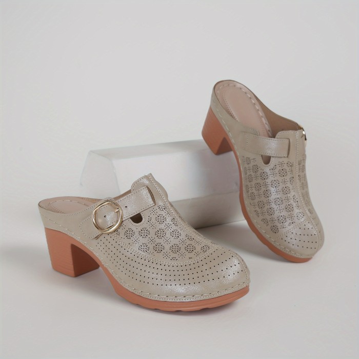 Women's Chunky Heeled Mules, Perforated Buckle Strap Closed Toe Sandals, Casual Going Out Slip On Backless Shoes