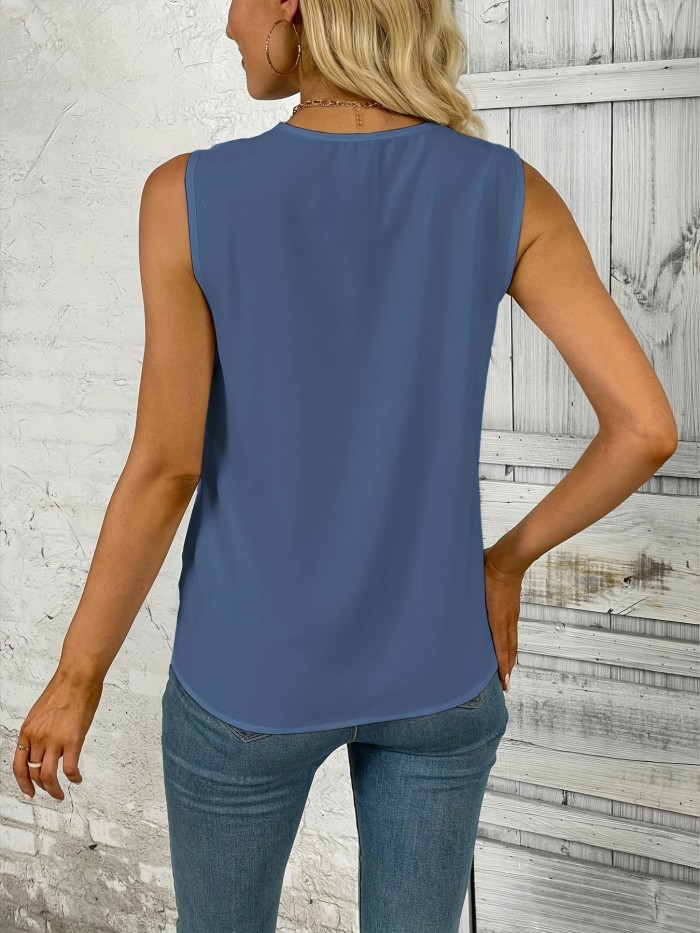 Ruched V Neck Blouse, Casual Sleeveless Solid Versatile Blouse, Women's Clothing