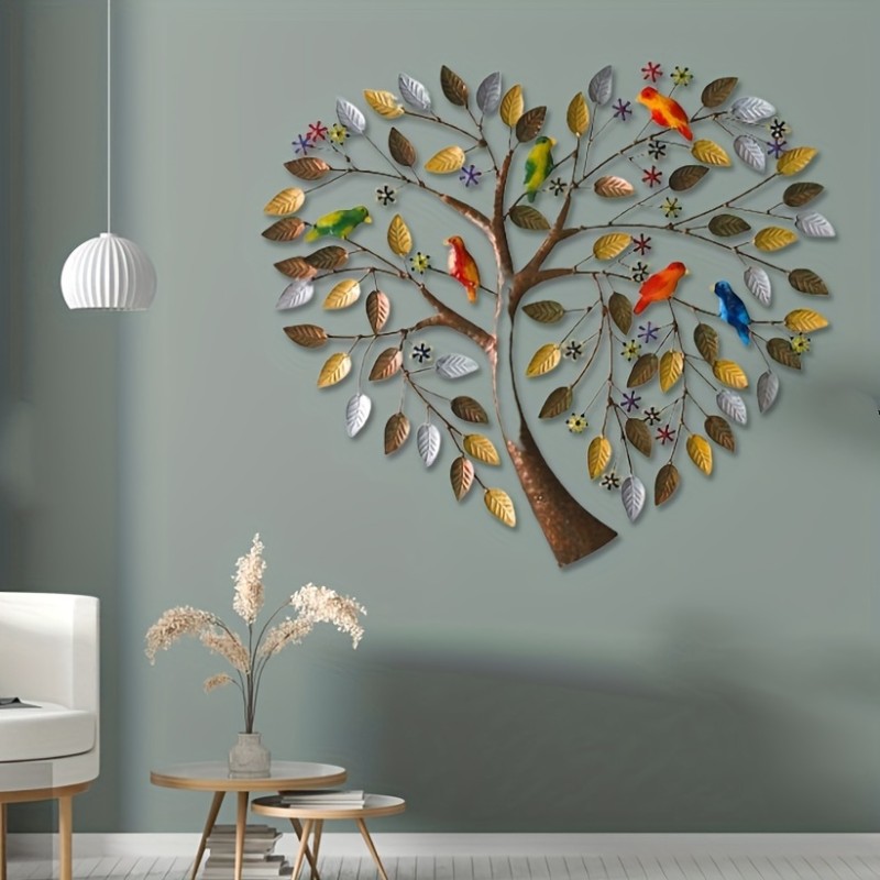 1pc, Metal Tree Of Life Wall Decor, Colorful Birds In Metal Tree Wall Art, Hand Painted Heart-Shaped Wall Art Sculptures, For Home Living Room Bedroom Decor