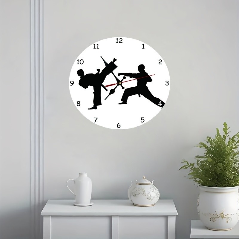 1pc Wooden Wall Clock, Martial Arts Style Wall Clock, Silent Clock Decor