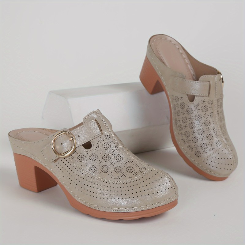 Women's Chunky Heeled Mules, Perforated Buckle Strap Closed Toe Sandals, Casual Going Out Slip On Backless Shoes