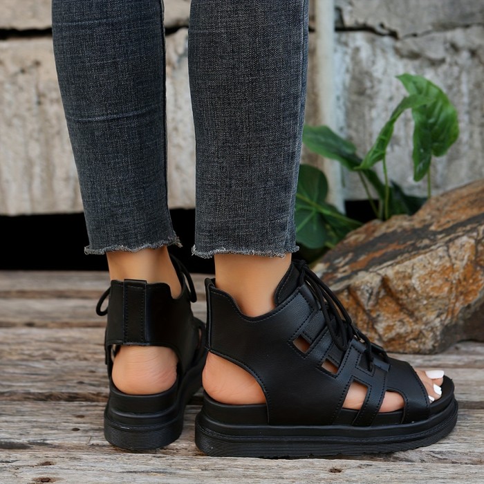 Women's Flat Platform Sandals, Casual Open Toe Summer Shoes, Comfortable Lace Up Sandals