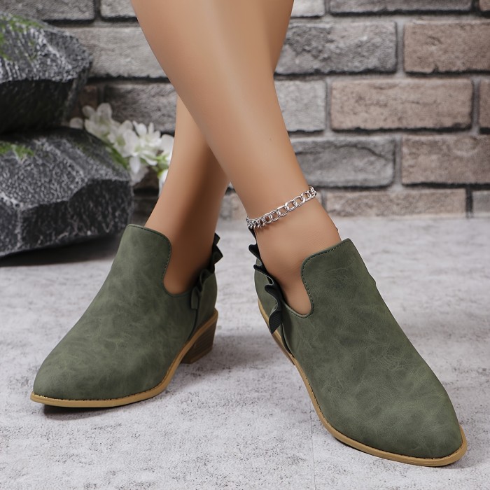 Women's Solid Color Stylish Boots, Slip On Ruffled Decor Chunky Heel Boots, Point Toe Versatile Boots