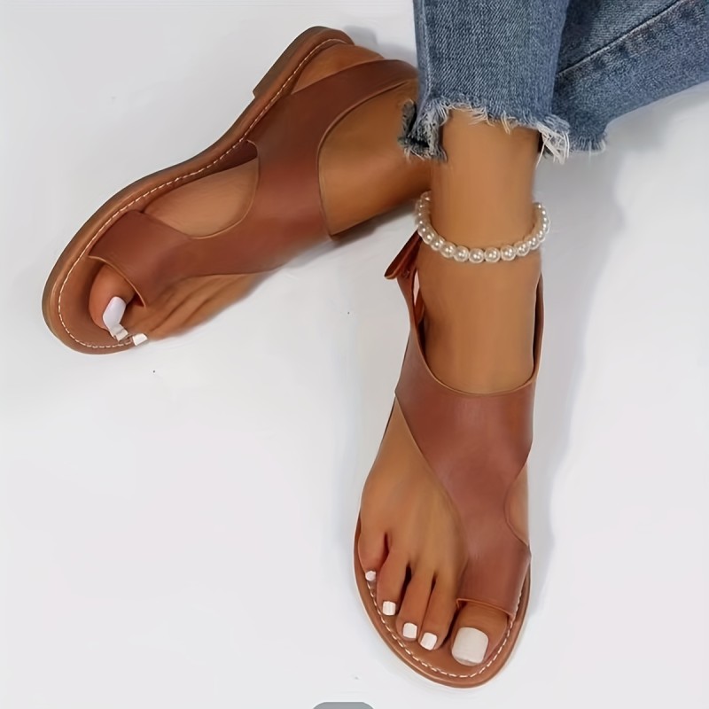 Women's Simple Flat Sandals, Casual Loop Toe Summer Shoes, Lightweight Ankle Strap Sandals