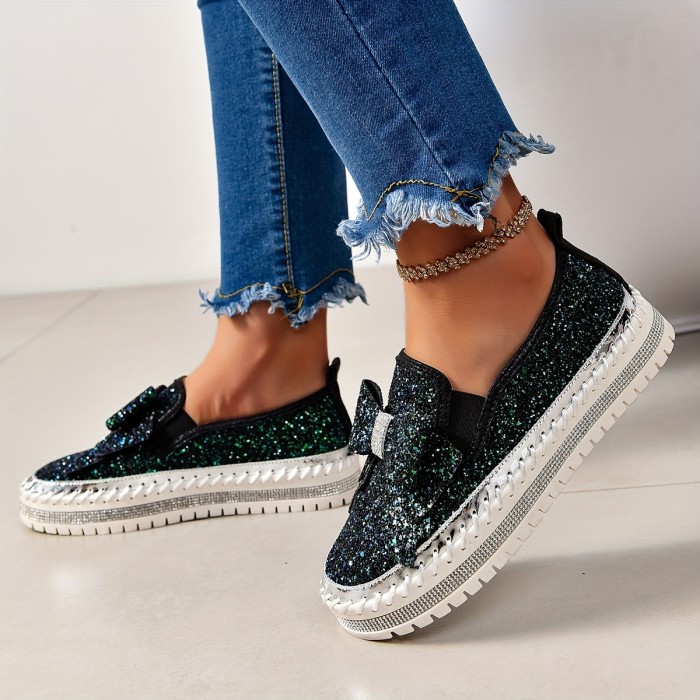Women's Solid Color Glitter Loafers, Rhinestone Decor Platform Soft Sole Casual Shoes, Bowknot Round Toe Walking Shoes