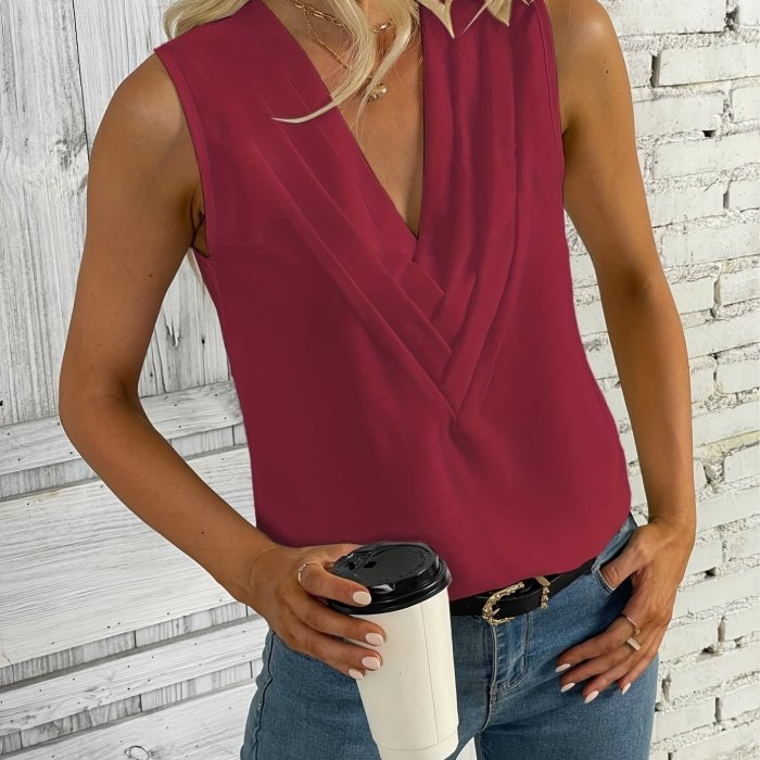 Ruched V Neck Blouse, Casual Sleeveless Solid Versatile Blouse, Women's Clothing