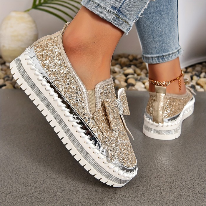 Women's Solid Color Glitter Loafers, Rhinestone Decor Platform Soft Sole Casual Shoes, Bowknot Round Toe Walking Shoes