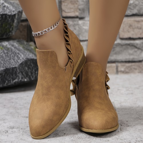 Women's Solid Color Stylish Boots, Slip On Ruffled Decor Chunky Heel Boots, Point Toe Versatile Boots