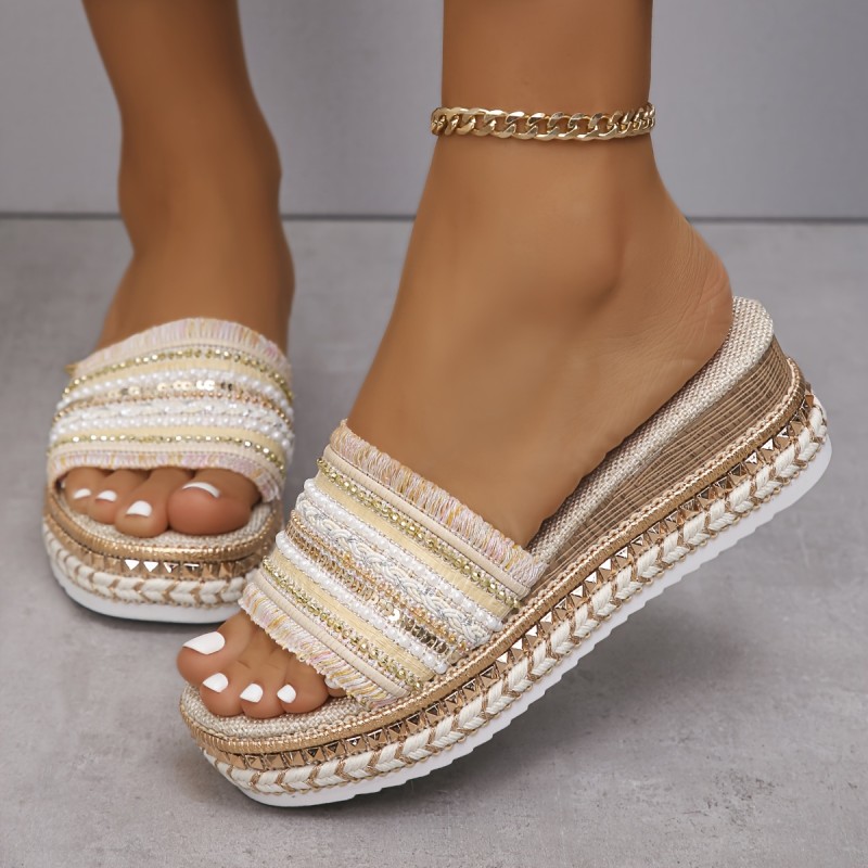 Women's Solid Color Stylish Sandals, Ethnic Braided Bands Platform Slip On Shoes, Summer Casual Beach Shoes