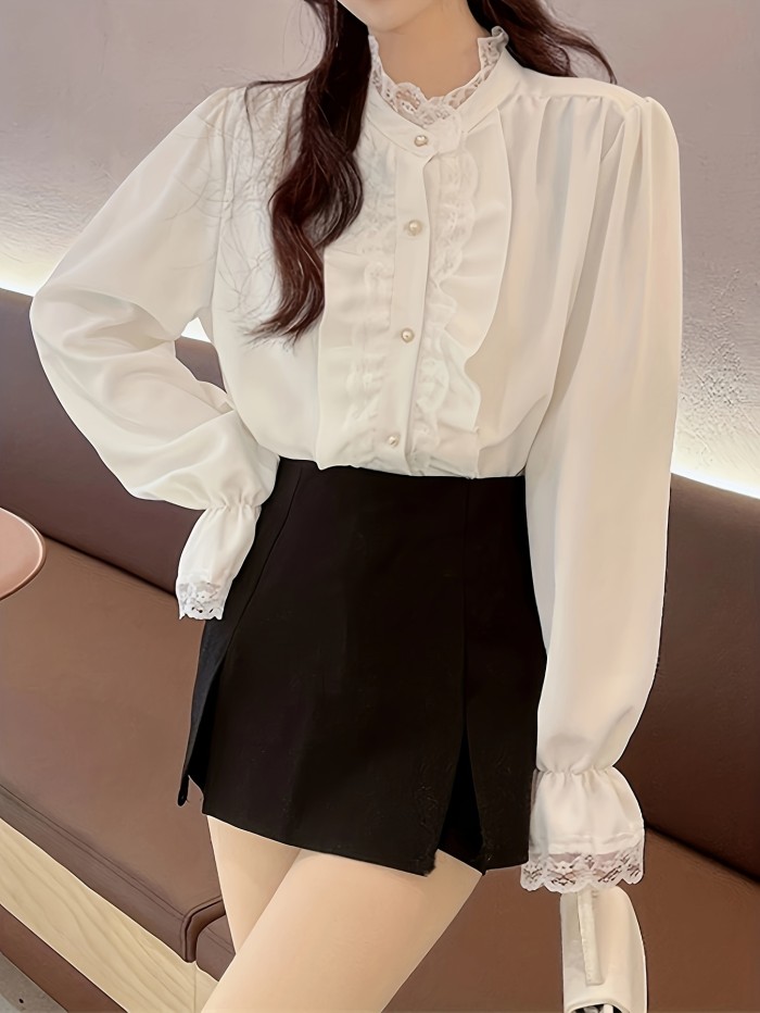 Contrast Lace Ruffle Decor Blouse, Chic Button Front Long Sleeve Blouse, Women's Clothing