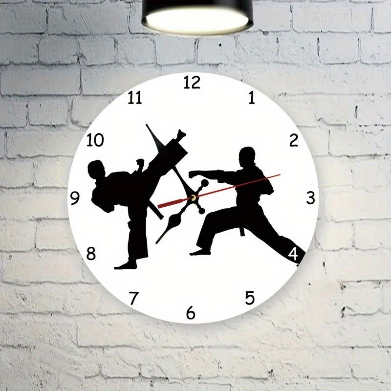 1pc Wooden Wall Clock, Martial Arts Style Wall Clock, Silent Clock Decor