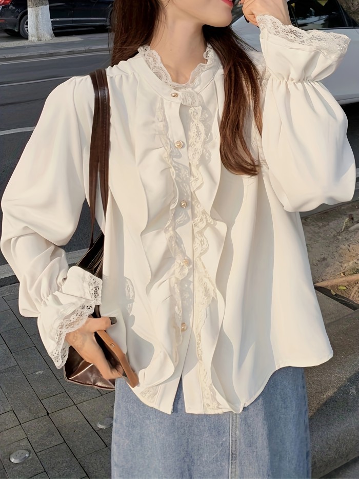 Contrast Lace Ruffle Decor Blouse, Chic Button Front Long Sleeve Blouse, Women's Clothing