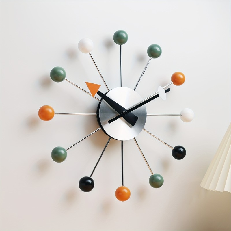 1pc Ball Clock In Multicolor, Painted Solid Wood Non Ticking Decorative Mid Century Modern Silent Wall Clock