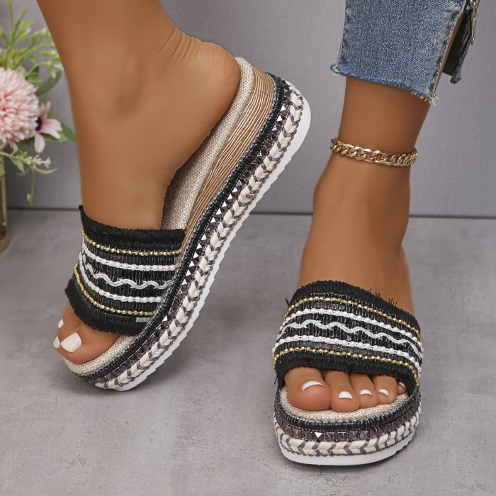 Women's Solid Color Stylish Sandals, Ethnic Braided Bands Platform Slip On Shoes, Summer Casual Beach Shoes