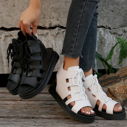 Women's Flat Platform Sandals, Casual Open Toe Summer Shoes, Comfortable Lace Up Sandals