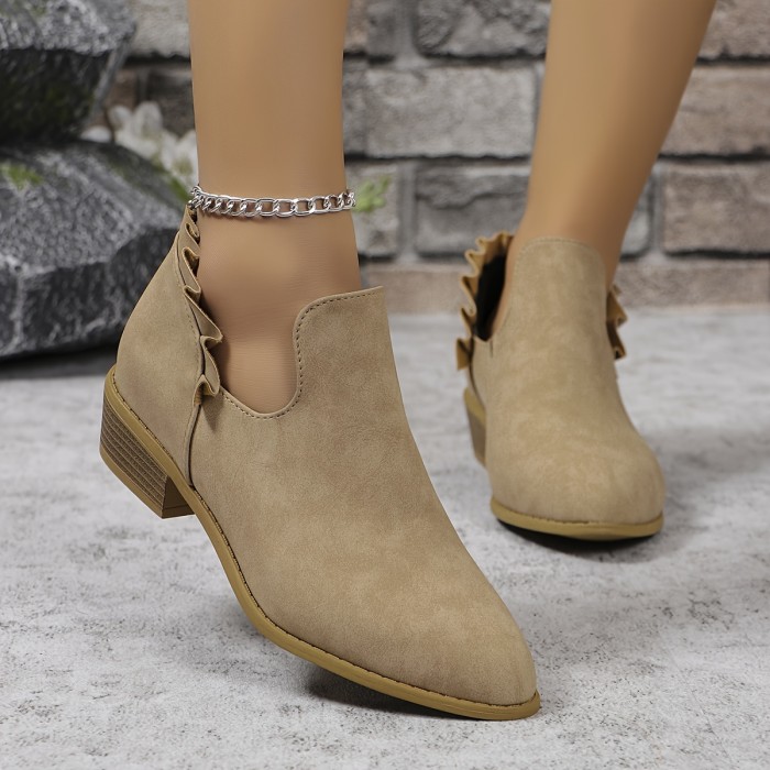 Women's Solid Color Stylish Boots, Slip On Ruffled Decor Chunky Heel Boots, Point Toe Versatile Boots