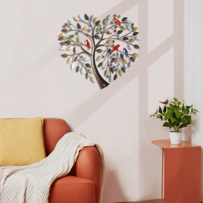 1pc, Metal Tree Of Life Wall Decor, Colorful Birds In Metal Tree Wall Art, Hand Painted Heart-Shaped Wall Art Sculptures, For Home Living Room Bedroom Decor