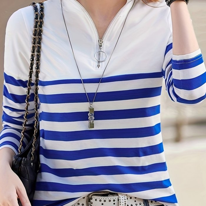 Striped Print Quarter Zip T-Shirt, Casual Long Sleeve T-Shirt For Spring & Fall, Women's Clothing