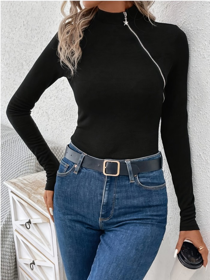 Zipper Mock Neck T-Shirt, Casual Long Sleeve Top For Spring & Fall, Women's Clothing