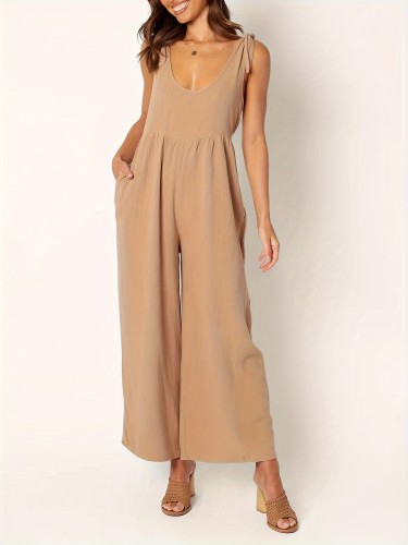 Solid Knot Strap Wide Leg Jumpsuit,, Casual V Neck Sleeveless Jumpsuit With Pocket, Women's Clothing