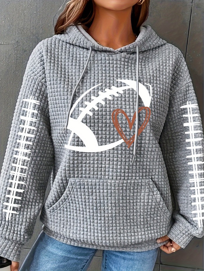 Plus Size Casual Hoodie, Women's Plus Rugby & Heart Print Waffle Knit Long Sleeve Drawstring Hoodie With Kangaroo Pockets