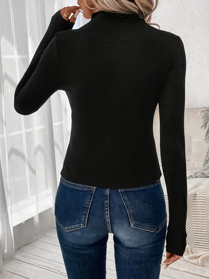Zipper Mock Neck T-Shirt, Casual Long Sleeve Top For Spring & Fall, Women's Clothing
