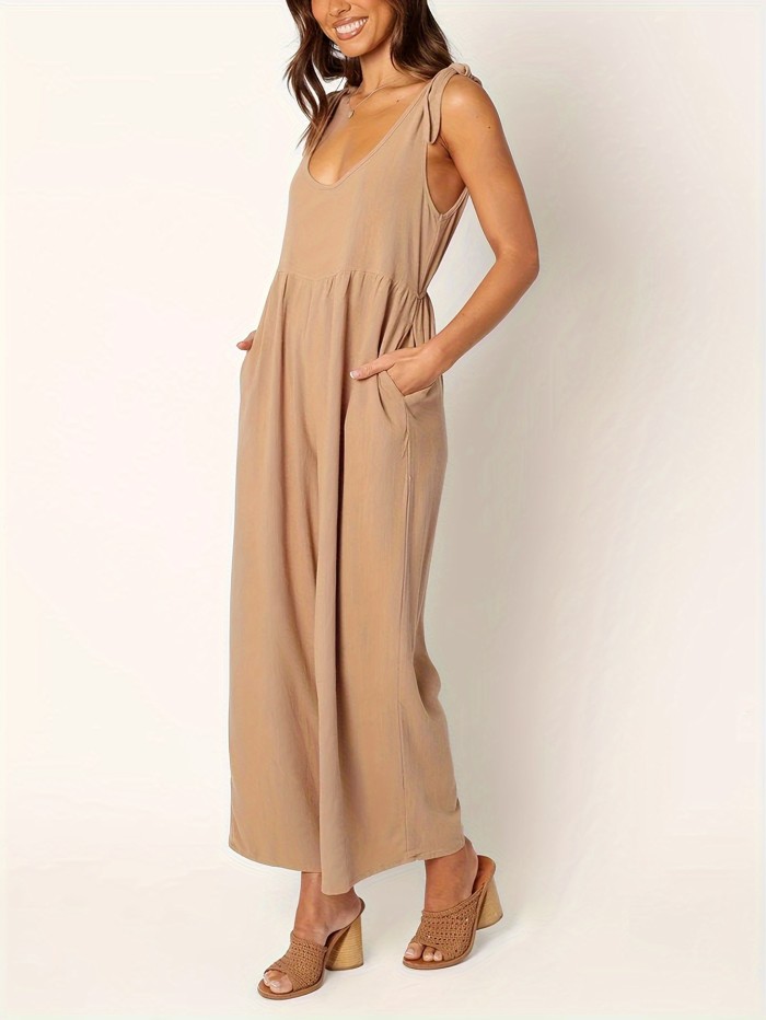 Solid Knot Strap Wide Leg Jumpsuit,, Casual V Neck Sleeveless Jumpsuit With Pocket, Women's Clothing