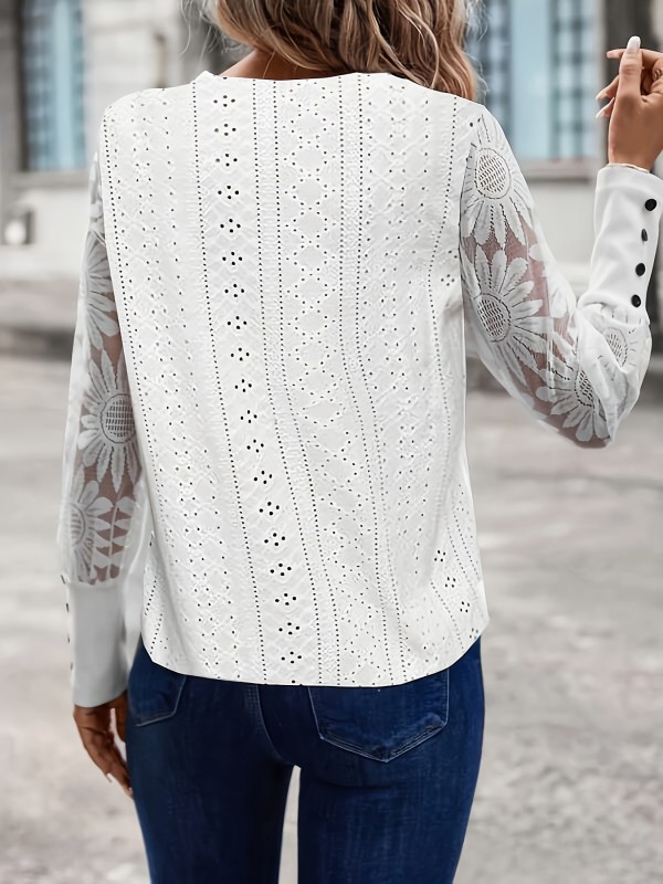 Floral Pattern Eyelet Lace T-shirt, Elegant Button Long Sleeve Top For Spring & Fall, Women's Clothing