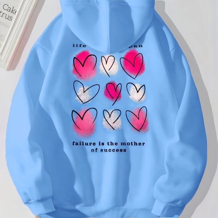 Heart Print Kangaroo Pocket Hoodie, Casual Long Sleeve Drawstring Hoodies Sweatshirt, Women's Clothing ,Valentine's Day