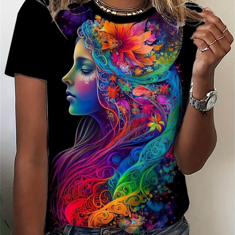 Graphic Print T-shirt, Casual Crew Neck Short Sleeve Top For Spring & Summer, Women's Clothing