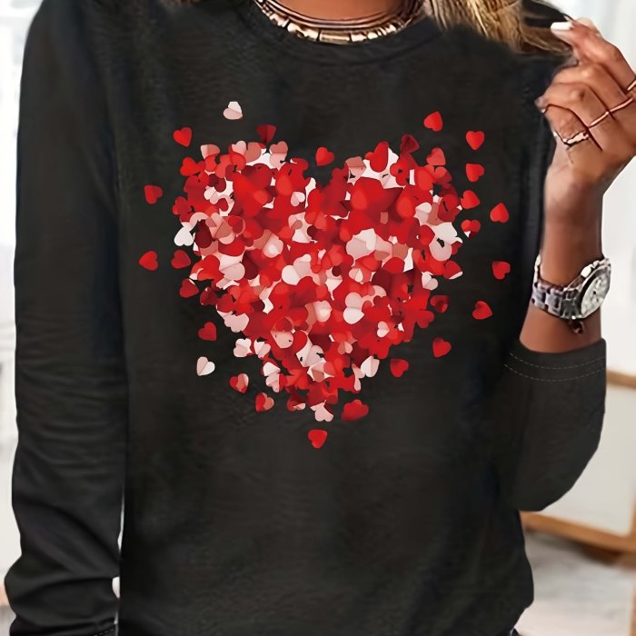 Heart Print T-shirt, Casual Long Sleeve Crew Neck Top For Spring & Fall, Women's Clothing