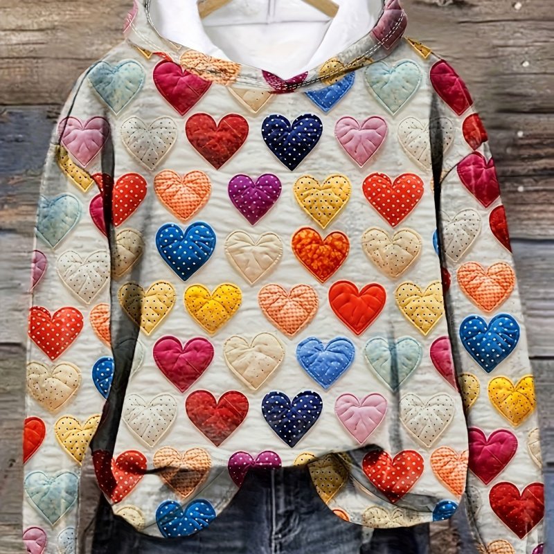 Valentine's Day Heart Print Hoodie, Casual Long Sleeve Hoodies Sweatshirt, Women's Clothing