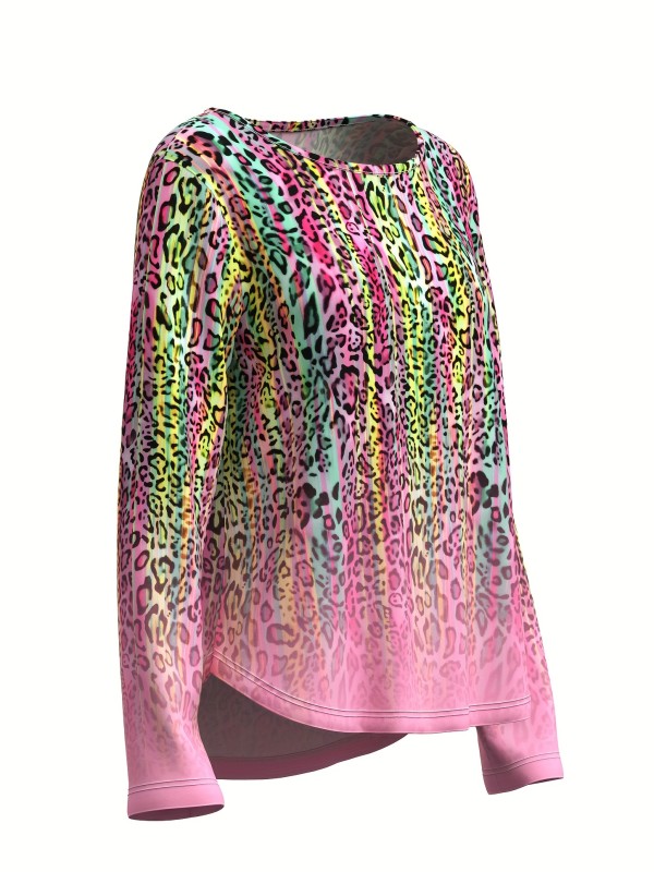 Leopard Print Crew Neck T-Shirt, Casual Long Sleeve Top For Spring & Fall, Women's Clothing