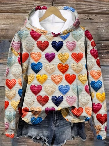 Valentine's Day Heart Print Hoodie, Casual Long Sleeve Hoodies Sweatshirt, Women's Clothing
