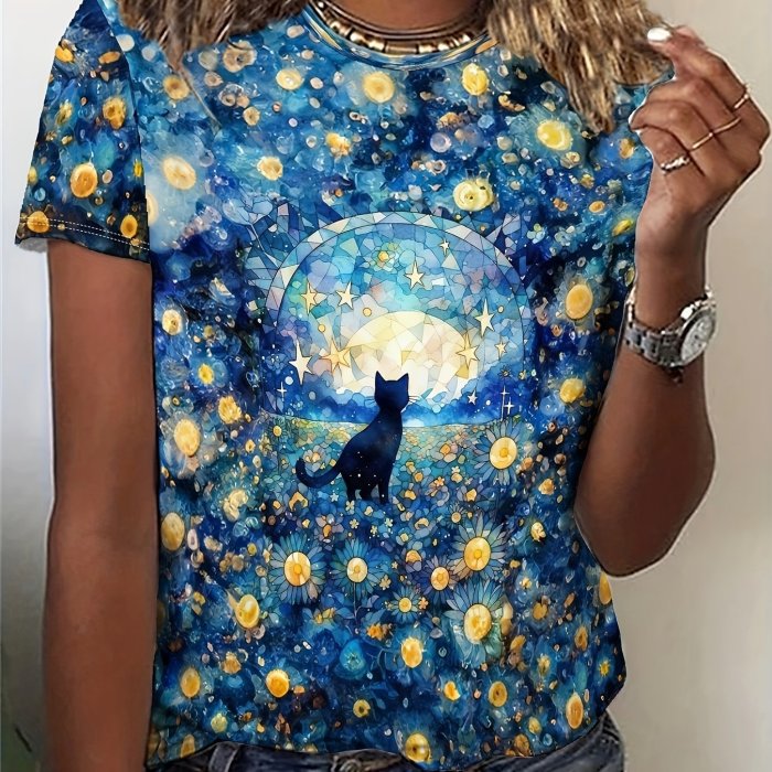 Cat & Floral Print Crew Neck T-Shirt, Casual Short Sleeve T-Shirt For Spring & Summer, Women's Clothing
