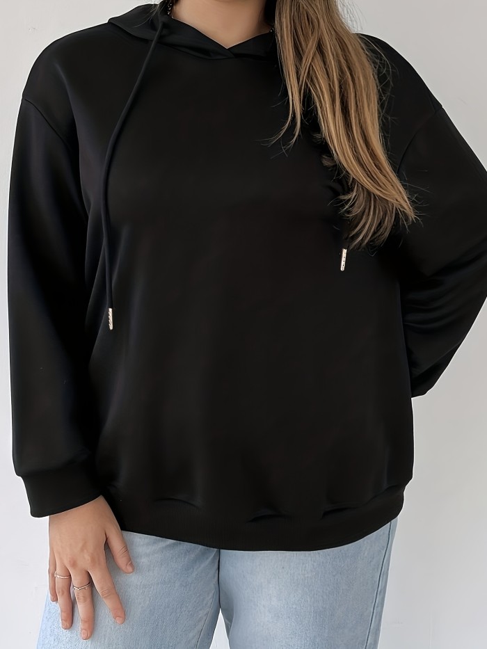 Plus Size Sexy Sweatshirt, Women's Plus Heart Cut Out Back Long Sleeve Drawstring Medium Stretch Hoodie