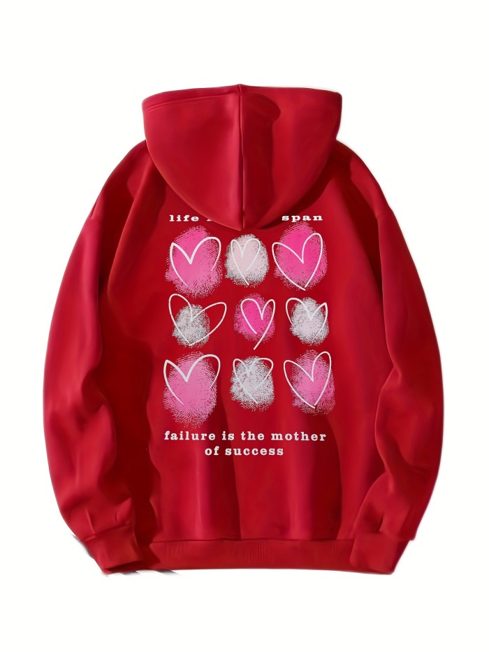 Heart Print Kangaroo Pocket Hoodie, Casual Long Sleeve Drawstring Hoodies Sweatshirt, Women's Clothing ,Valentine's Day