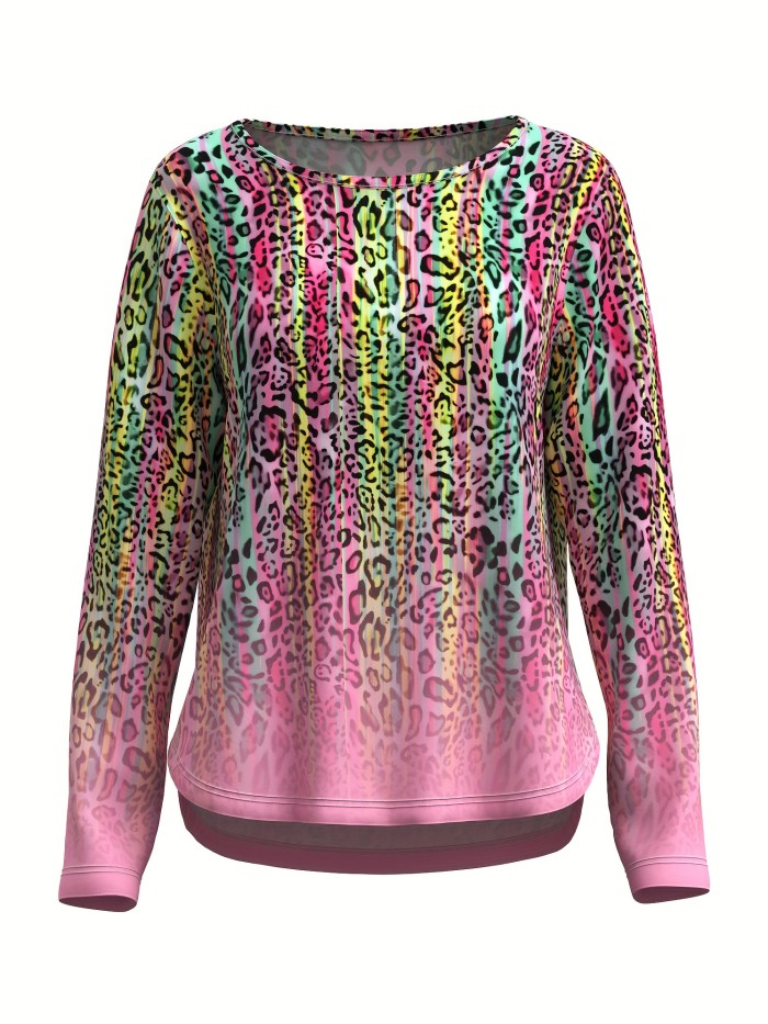 Leopard Print Crew Neck T-Shirt, Casual Long Sleeve Top For Spring & Fall, Women's Clothing