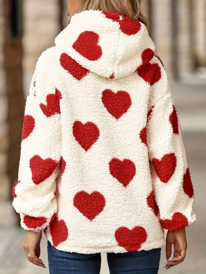 Heart Print Plush Hoodie, Casual Long Sleeve Pocket Hoodie Sweatshirt, Women's Clothing ,Valentine's Day