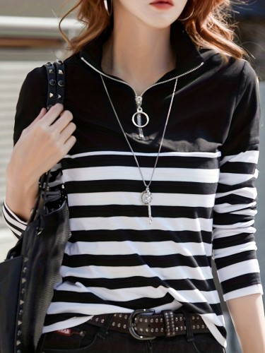 Striped Print Quarter Zip T-Shirt, Casual Long Sleeve T-Shirt For Spring & Fall, Women's Clothing