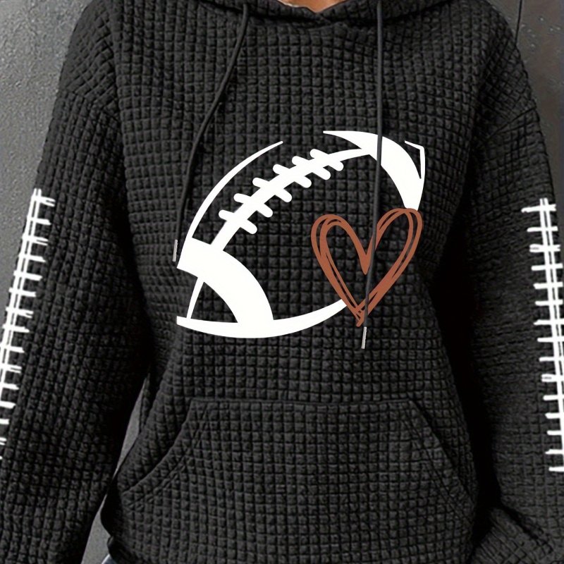 Plus Size Casual Hoodie, Women's Plus Rugby & Heart Print Waffle Knit Long Sleeve Drawstring Hoodie With Kangaroo Pockets