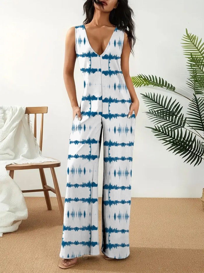 Tie Dye V-neck Overall Jumpsuit, Casual Loose Straight Leg Jumpsuit For Spring & Summer, Women's Clothing
