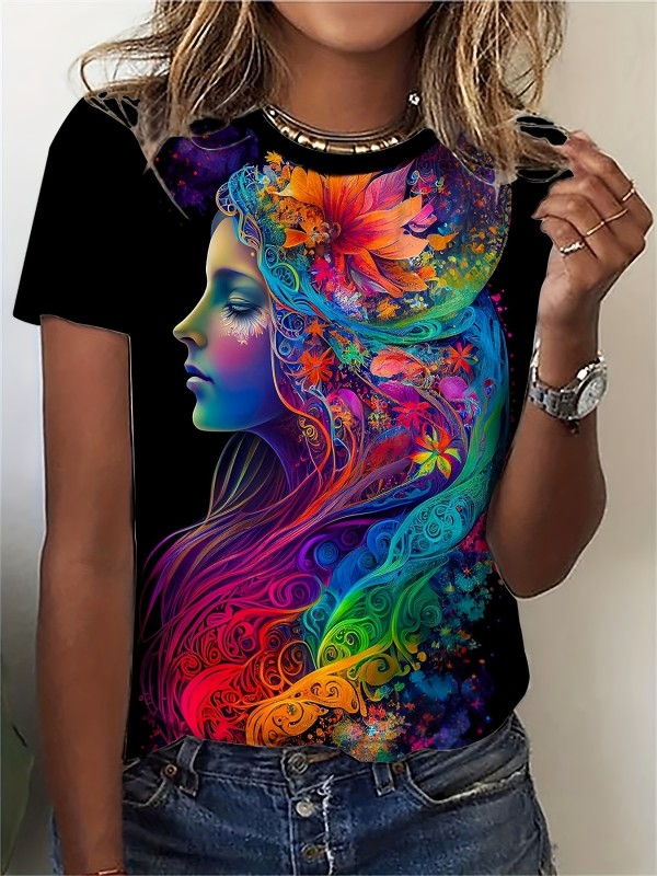 Graphic Print T-shirt, Casual Crew Neck Short Sleeve Top For Spring & Summer, Women's Clothing