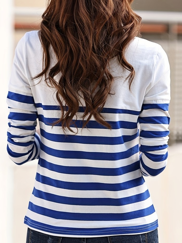 Striped Print Quarter Zip T-Shirt, Casual Long Sleeve T-Shirt For Spring & Fall, Women's Clothing