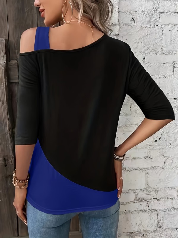 Color Block Off Shoulder T-shirt, Elegant Slant Shoulder Half Sleeve T-shirt, Women's Clothing