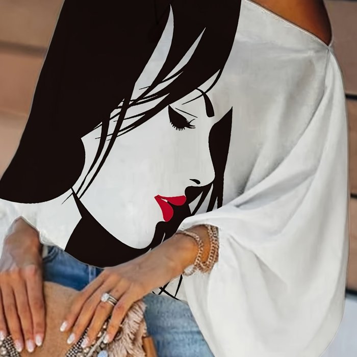 Figure Print One-shoulder T-Shirt, Casual Lantern Sleeve T-Shirt For Spring & Fall, Women's Clothing